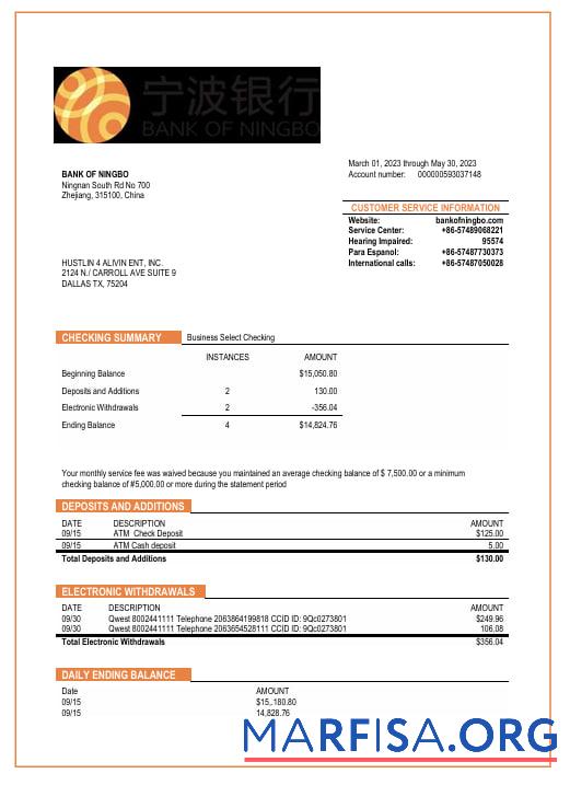Blank Bank of Ningbo business bank statement Word and PDF template